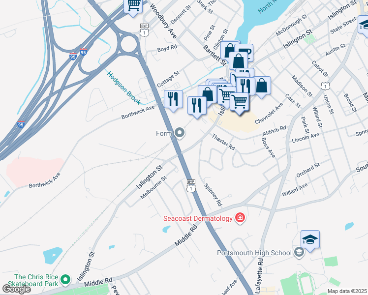 map of restaurants, bars, coffee shops, grocery stores, and more near 1039 Islington Street in Portsmouth