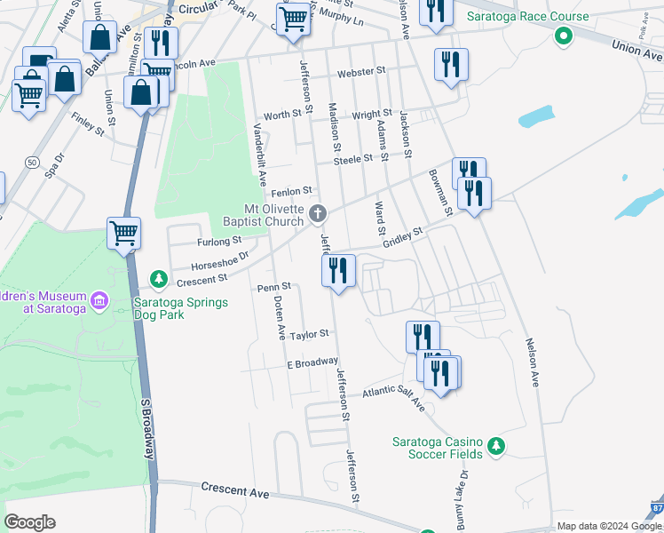 map of restaurants, bars, coffee shops, grocery stores, and more near 158 Jefferson Street in Saratoga Springs
