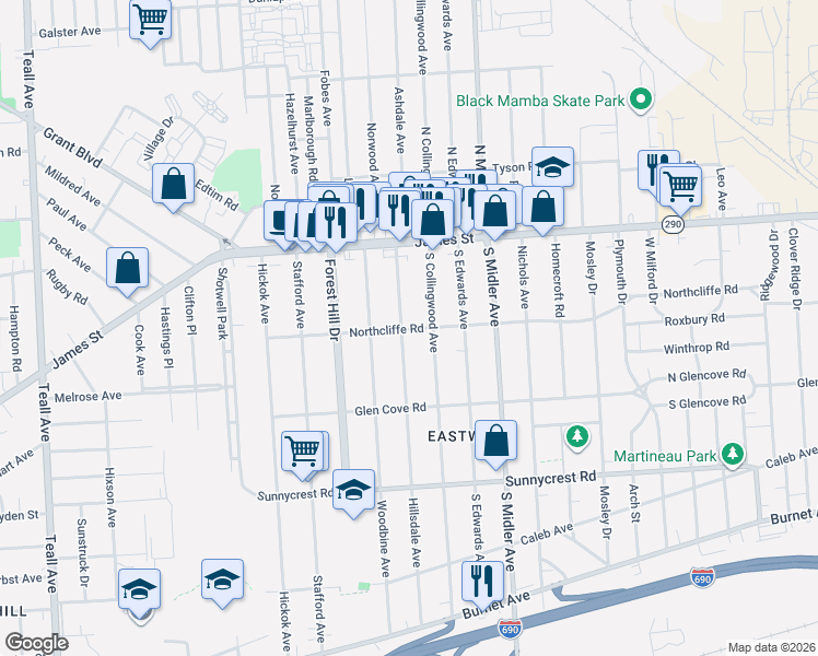 map of restaurants, bars, coffee shops, grocery stores, and more near 181 Hillsdale Avenue in Syracuse