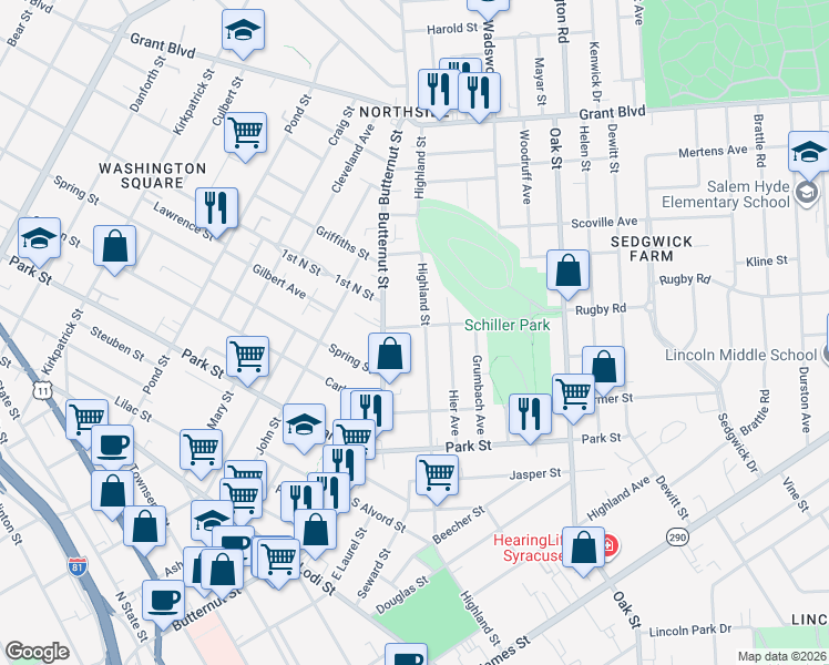 map of restaurants, bars, coffee shops, grocery stores, and more near 946 Highland Street in Syracuse