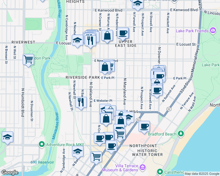map of restaurants, bars, coffee shops, grocery stores, and more near 2604 North Murray Avenue in Milwaukee