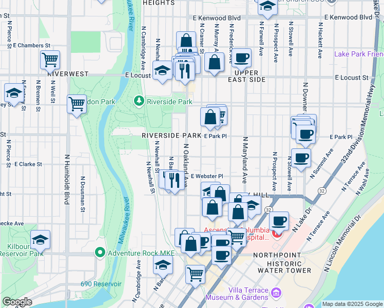 map of restaurants, bars, coffee shops, grocery stores, and more near 2603 North Oakland Avenue in Milwaukee