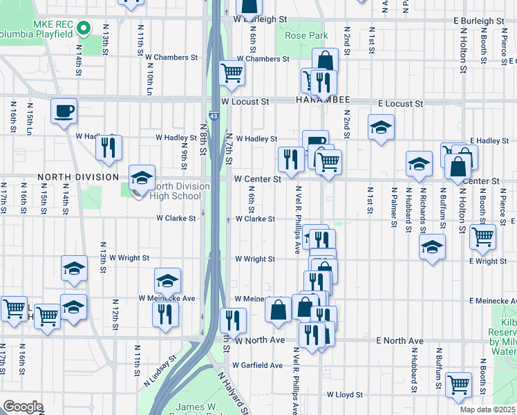 map of restaurants, bars, coffee shops, grocery stores, and more near 2630 North 6th Street in Milwaukee