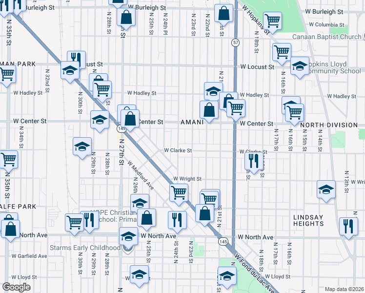 map of restaurants, bars, coffee shops, grocery stores, and more near 2618 North 24th Street in Milwaukee