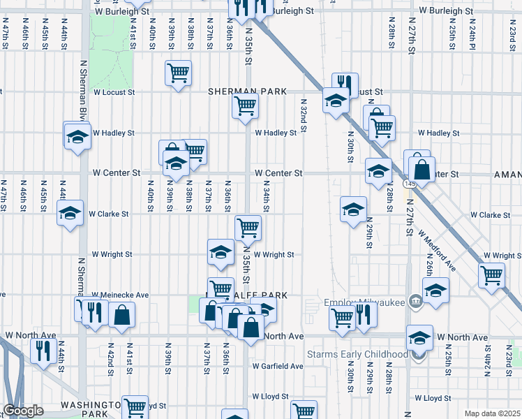 map of restaurants, bars, coffee shops, grocery stores, and more near 2614 North 35th Street in Milwaukee