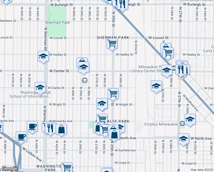 map of restaurants, bars, coffee shops, grocery stores, and more near 2616 North 36th Street in Milwaukee