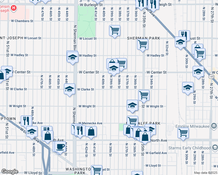 map of restaurants, bars, coffee shops, grocery stores, and more near 2612 North 40th Street in Milwaukee