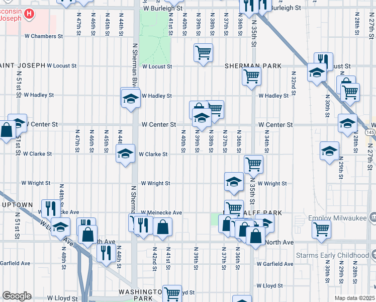 map of restaurants, bars, coffee shops, grocery stores, and more near 2612 North 40th Street in Milwaukee