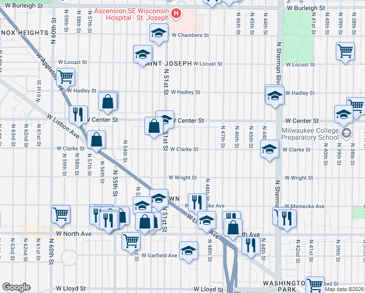 map of restaurants, bars, coffee shops, grocery stores, and more near 2613 North 50th Street in Milwaukee
