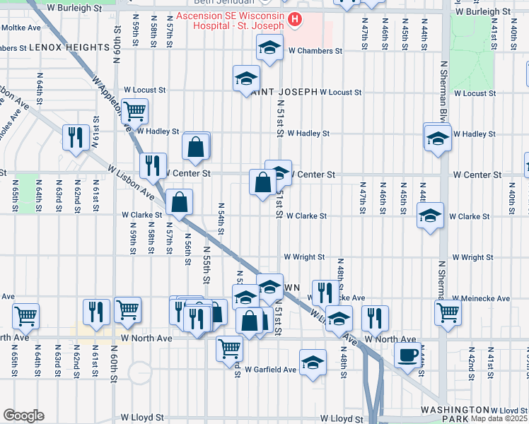 map of restaurants, bars, coffee shops, grocery stores, and more near 2617-2619 North 51st Street in Milwaukee