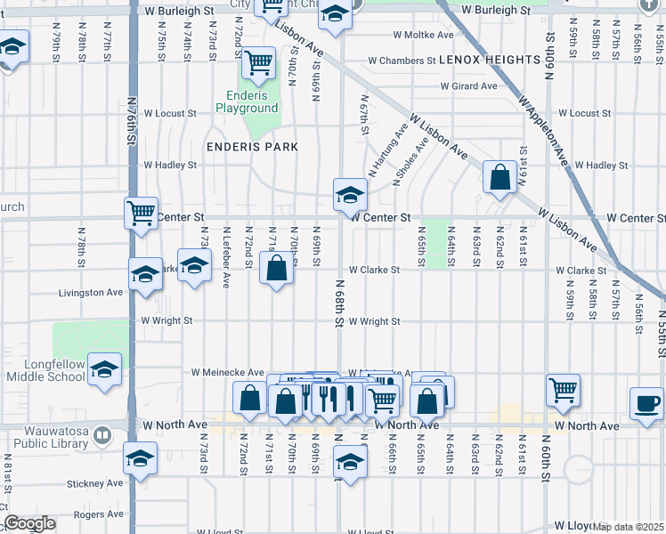 map of restaurants, bars, coffee shops, grocery stores, and more near 2609 North 68th Street in Wauwatosa