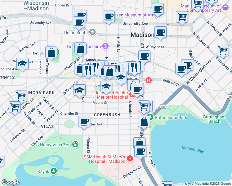 map of restaurants, bars, coffee shops, grocery stores, and more near 36 South Mills Street in Madison