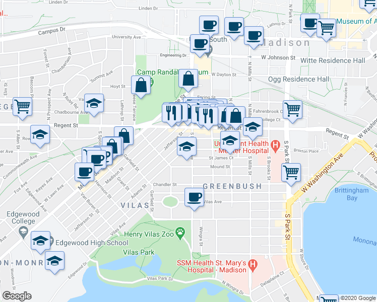 map of restaurants, bars, coffee shops, grocery stores, and more near 102 South Randall Avenue in Madison
