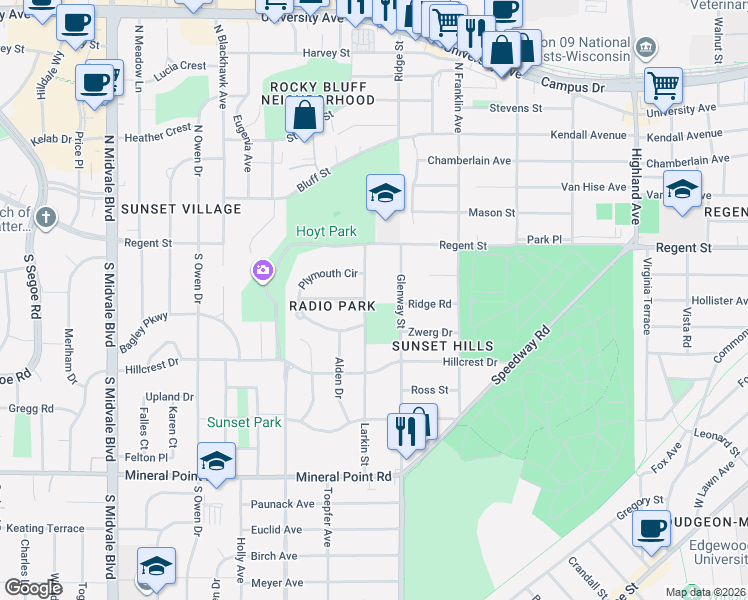 map of restaurants, bars, coffee shops, grocery stores, and more near 3902 Priscilla Lane in Madison