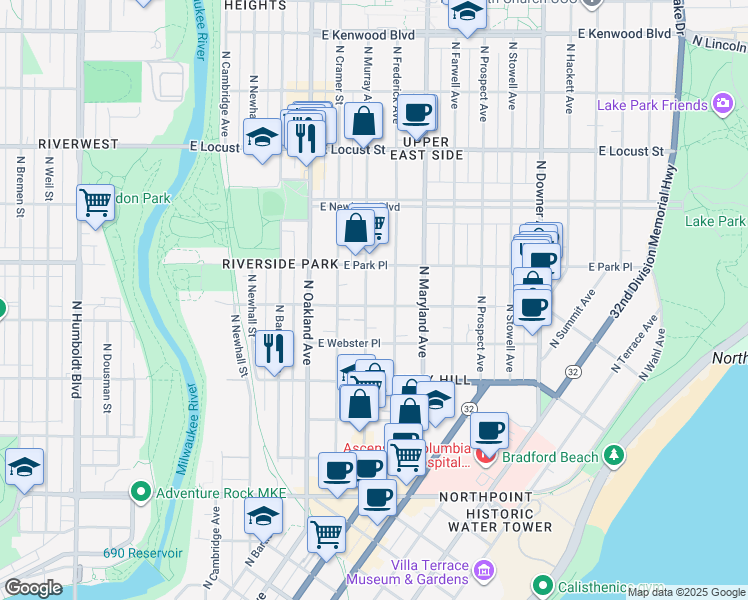 map of restaurants, bars, coffee shops, grocery stores, and more near 2604 North Murray Avenue in Milwaukee