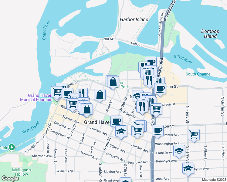 map of restaurants, bars, coffee shops, grocery stores, and more near 336 Jackson Street in Grand Haven