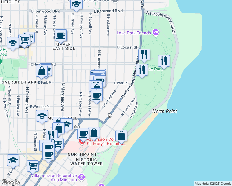 map of restaurants, bars, coffee shops, grocery stores, and more near 2648 North Summit Avenue in Milwaukee