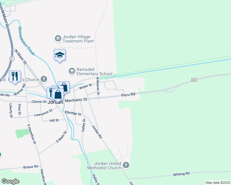 map of restaurants, bars, coffee shops, grocery stores, and more near 541 Peru Road in Jordan
