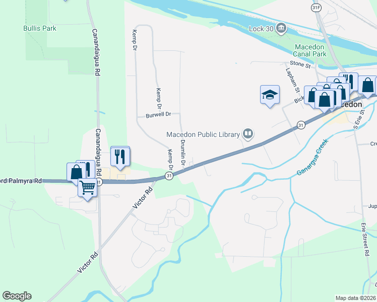 map of restaurants, bars, coffee shops, grocery stores, and more near 8 Drumlin Drive in Macedon