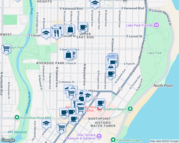 map of restaurants, bars, coffee shops, grocery stores, and more near 2617 North Farwell Avenue in Milwaukee