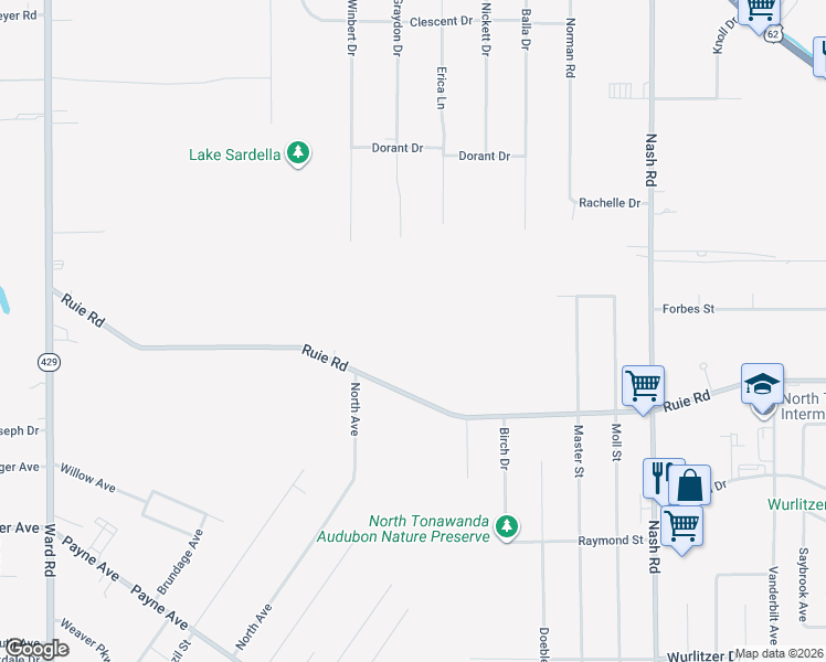 map of restaurants, bars, coffee shops, grocery stores, and more near 1027 Ruie Road in North Tonawanda