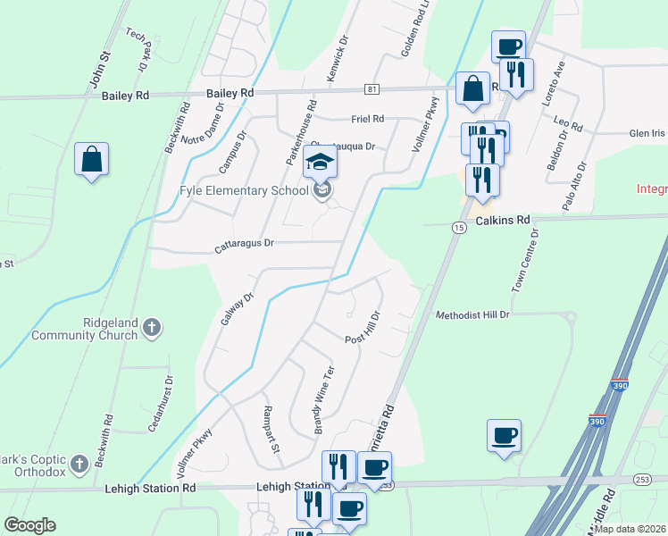 map of restaurants, bars, coffee shops, grocery stores, and more near Vollmer Parkway & Galway Drive in Rochester