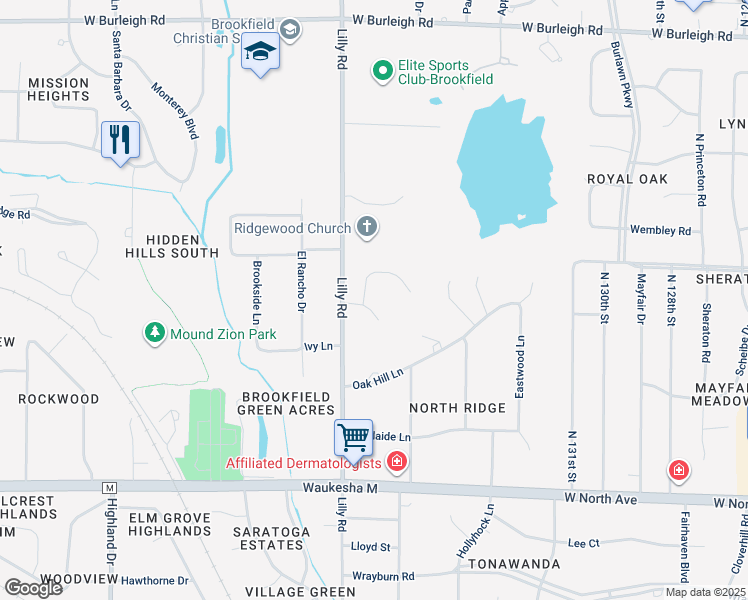 map of restaurants, bars, coffee shops, grocery stores, and more near 2660 Lilly Road in Brookfield