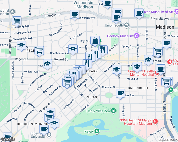 map of restaurants, bars, coffee shops, grocery stores, and more near 1629 Monroe Street in Madison
