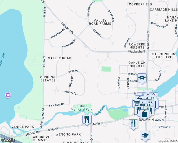 map of restaurants, bars, coffee shops, grocery stores, and more near 1214 Aspen Court in Delafield