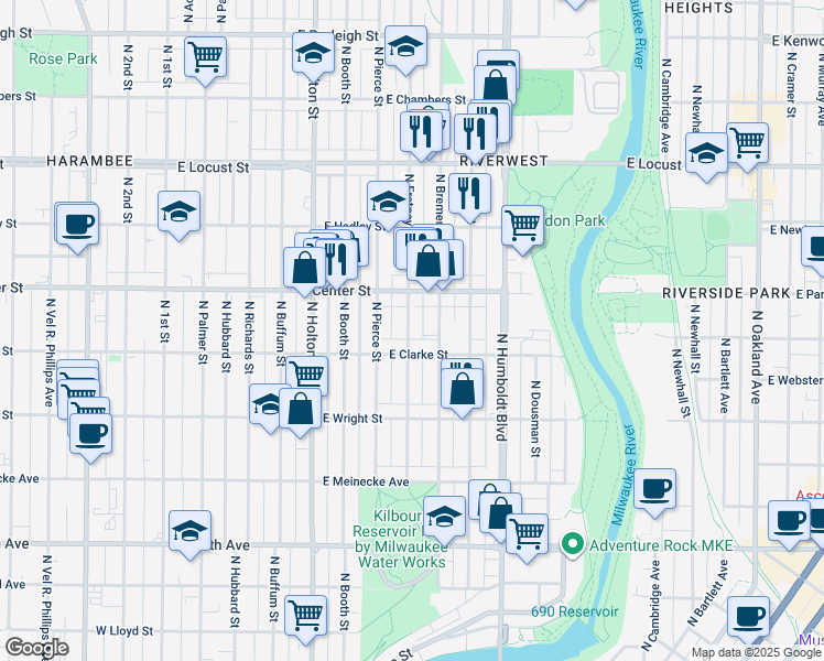 map of restaurants, bars, coffee shops, grocery stores, and more near 2628 North Fratney Street in Milwaukee