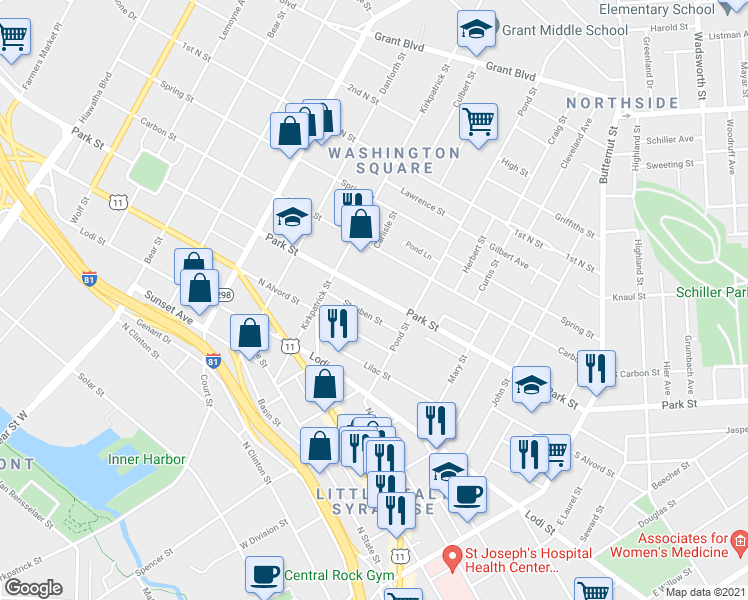 map of restaurants, bars, coffee shops, grocery stores, and more near 1223 Park Street in Syracuse