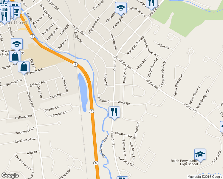 map of restaurants, bars, coffee shops, grocery stores, and more near 2838 Oneida Street in Utica