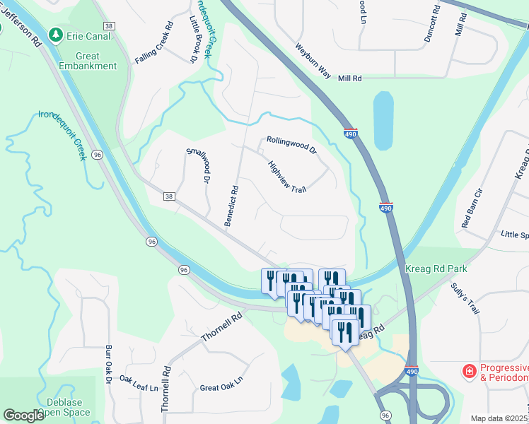 map of restaurants, bars, coffee shops, grocery stores, and more near 16 Red Fox Run in Pittsford