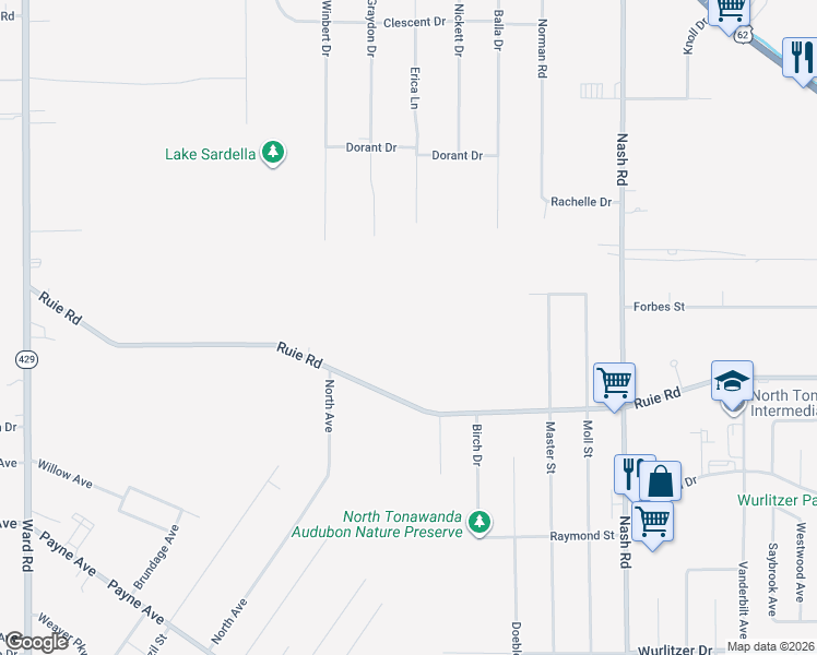map of restaurants, bars, coffee shops, grocery stores, and more near 1027 Ruie Road in North Tonawanda