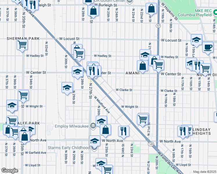 map of restaurants, bars, coffee shops, grocery stores, and more near 2483 West Monroe Street in Milwaukee