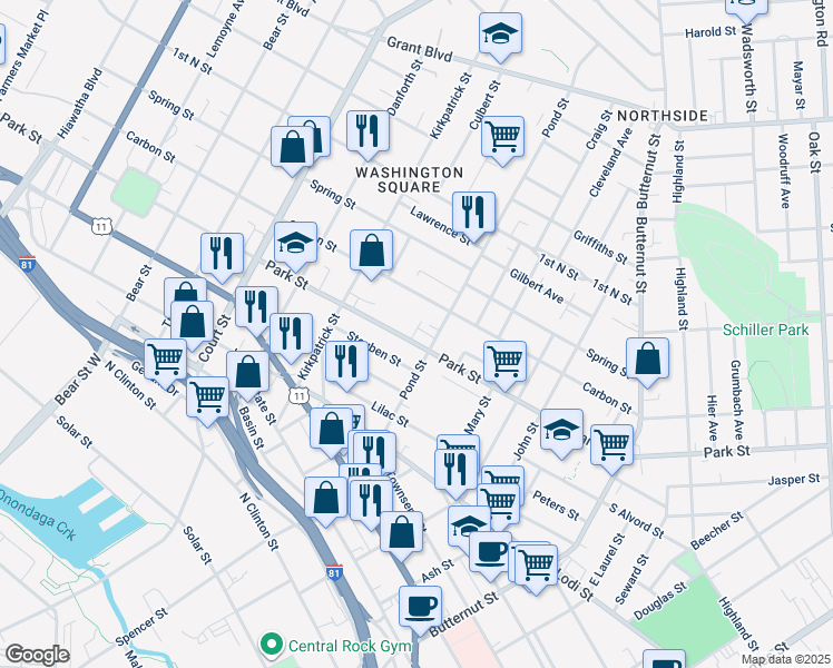 map of restaurants, bars, coffee shops, grocery stores, and more near 1206 Park Street in Syracuse