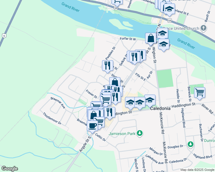 map of restaurants, bars, coffee shops, grocery stores, and more near 52 Kinross Street in Caledonia