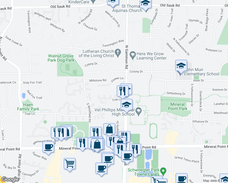 map of restaurants, bars, coffee shops, grocery stores, and more near 7012 Tree Lane in Madison