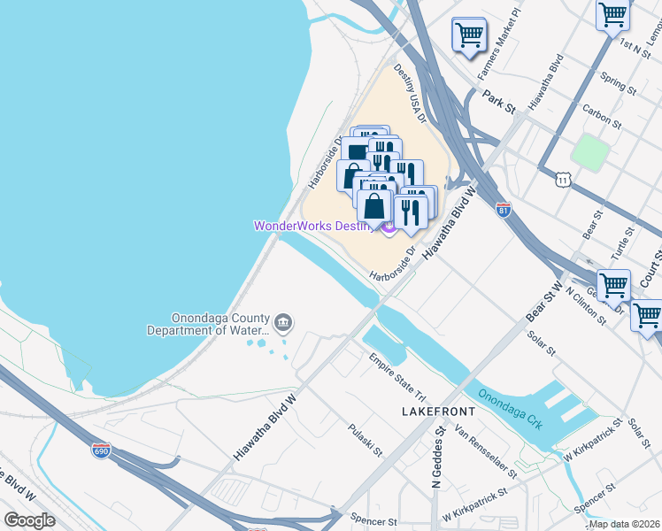 map of restaurants, bars, coffee shops, grocery stores, and more near 450 Hiawatha Boulevard West in Syracuse
