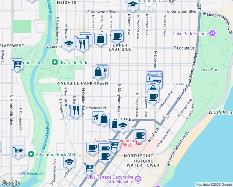 map of restaurants, bars, coffee shops, grocery stores, and more near 2611 North Maryland Avenue in Milwaukee