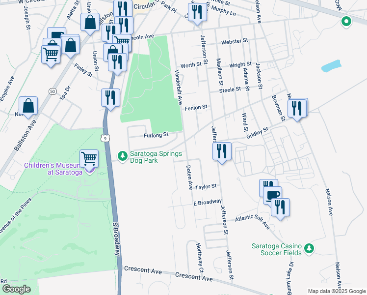 map of restaurants, bars, coffee shops, grocery stores, and more near 1 Doten Avenue in Saratoga Springs