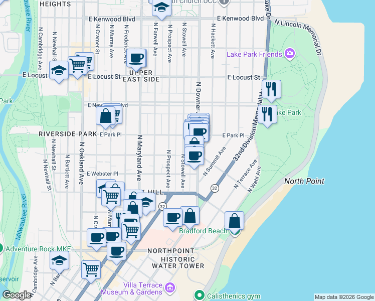 map of restaurants, bars, coffee shops, grocery stores, and more near 2508 East Belleview Place in Milwaukee