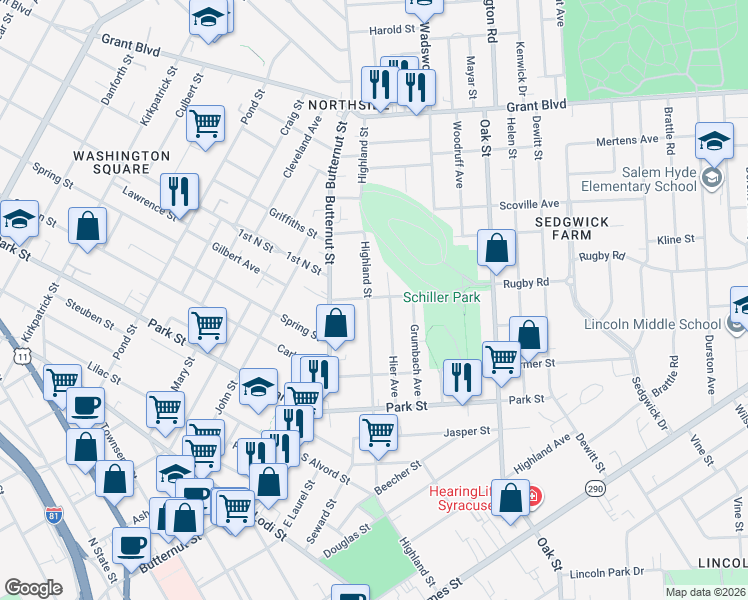 map of restaurants, bars, coffee shops, grocery stores, and more near 946 Highland Street in Syracuse