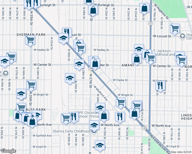 map of restaurants, bars, coffee shops, grocery stores, and more near 2607 West Fond Du Lac Avenue in Milwaukee