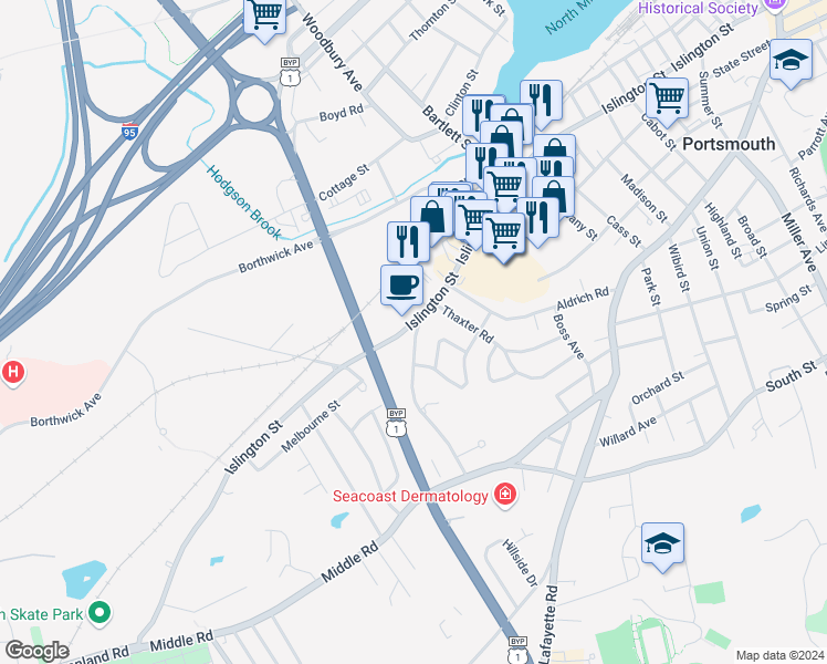 map of restaurants, bars, coffee shops, grocery stores, and more near 1 Spinney Road in Portsmouth