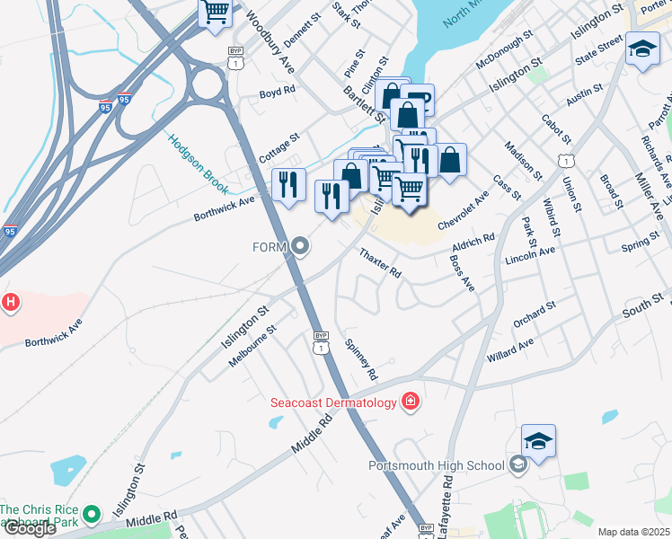map of restaurants, bars, coffee shops, grocery stores, and more near 1 Spinney Road in Portsmouth