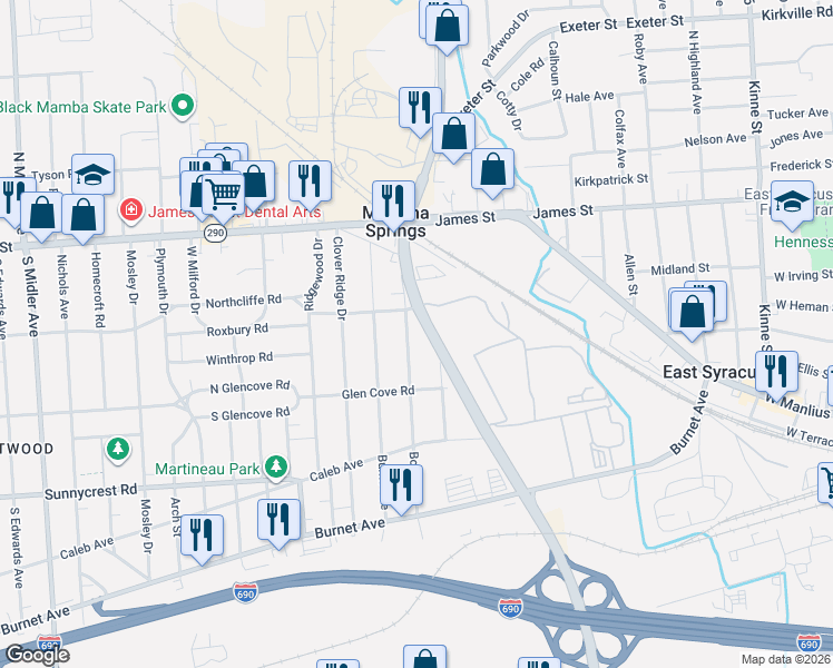 map of restaurants, bars, coffee shops, grocery stores, and more near 217 Boston Street in Syracuse