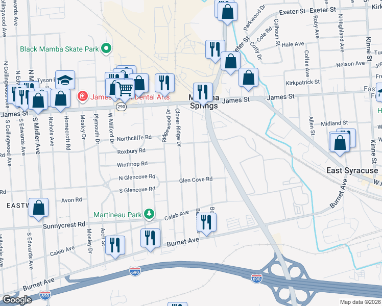 map of restaurants, bars, coffee shops, grocery stores, and more near 216 Burns Avenue in Syracuse