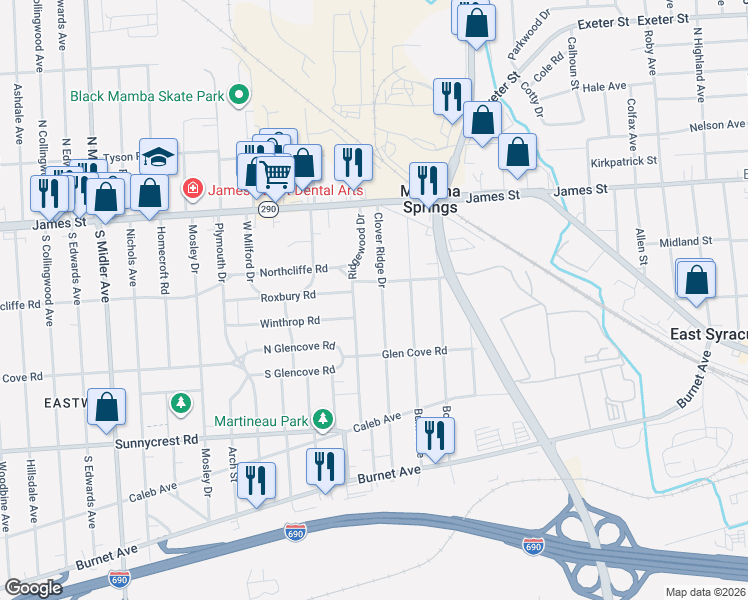 map of restaurants, bars, coffee shops, grocery stores, and more near 208 Clover Ridge Drive in Syracuse