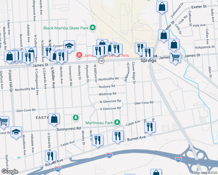 map of restaurants, bars, coffee shops, grocery stores, and more near 215 Roxbury Road in Syracuse